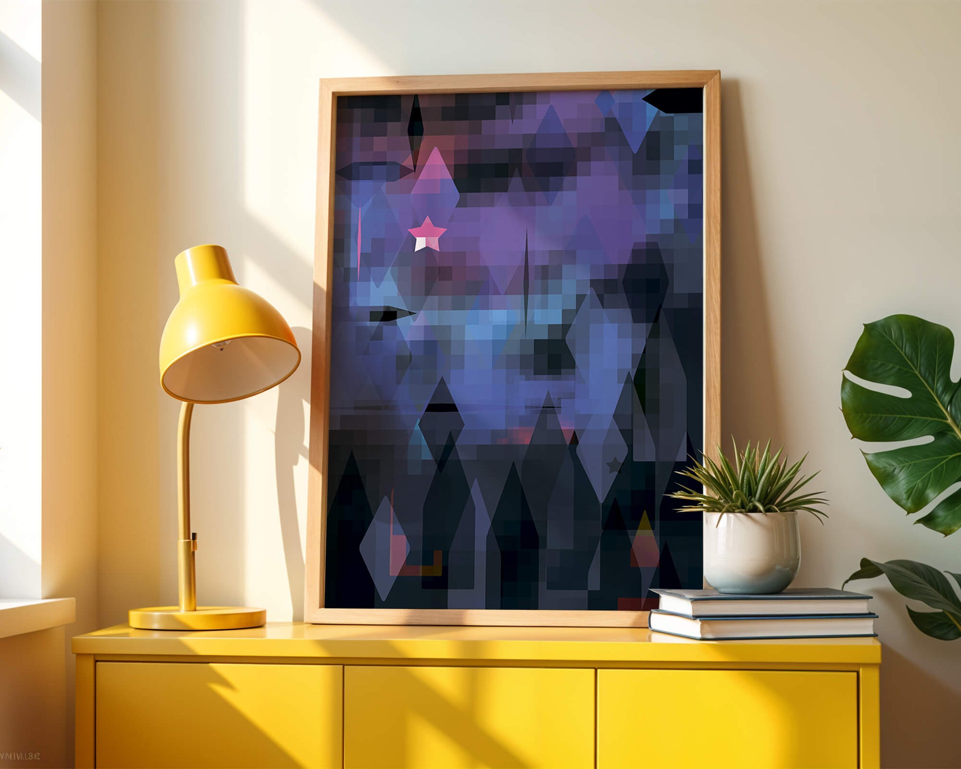 Geometrische abstrakte Kunst in lebhaften Blau- und Lilatönen