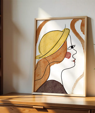 Retrato de línea moderna de una mujer con sombrero y colores vibrantes