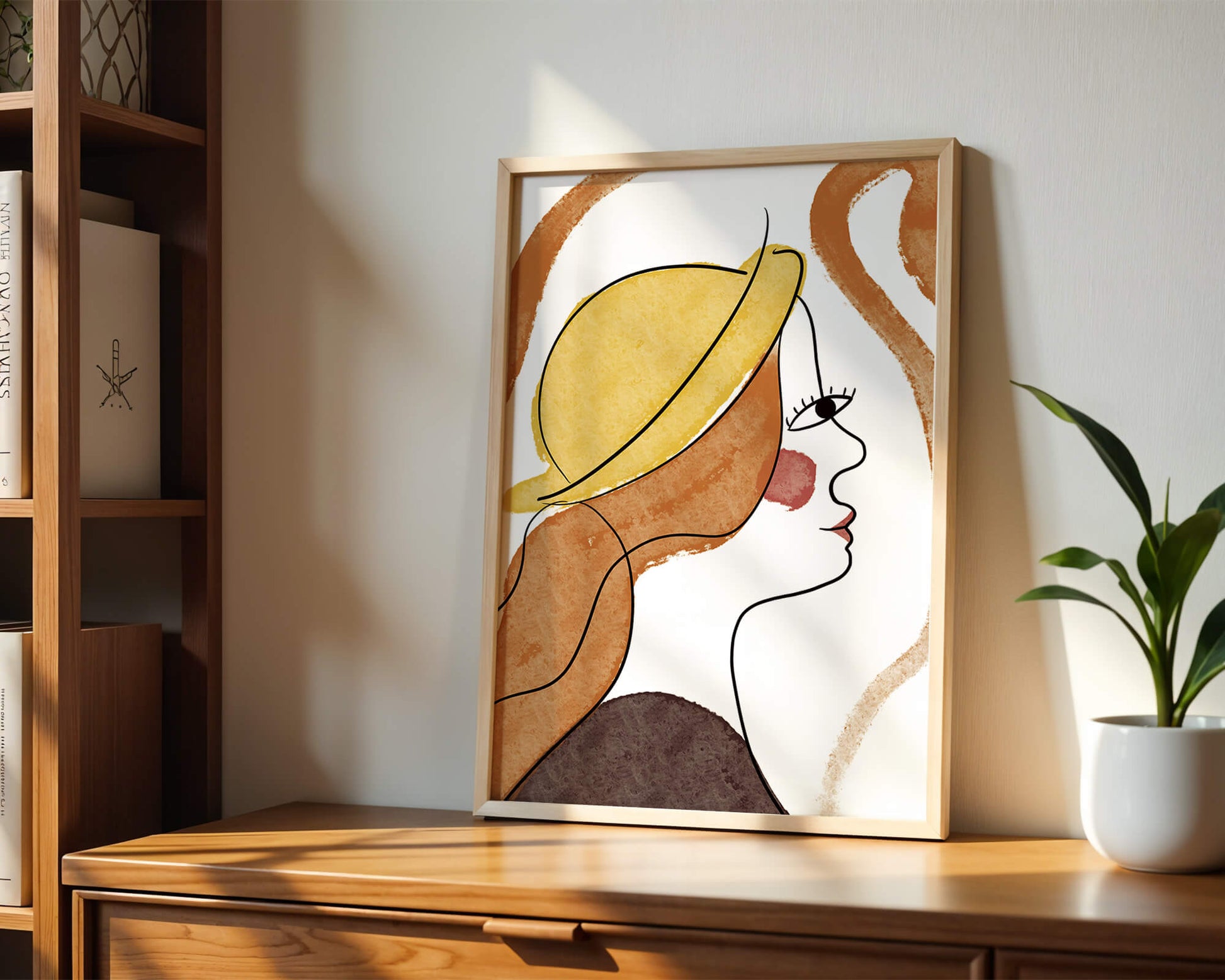 Retrato de línea moderna de una mujer con sombrero y colores vibrantes