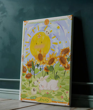 Ilustración encantadora de Aries con animales juguetones y girasoles