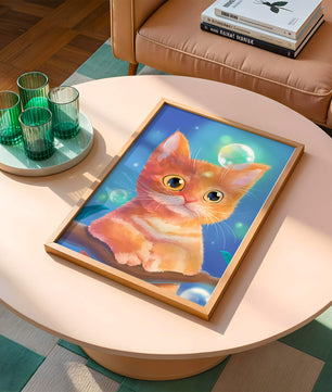 Adorable orange kitten illustration with bubbles and a colorful background