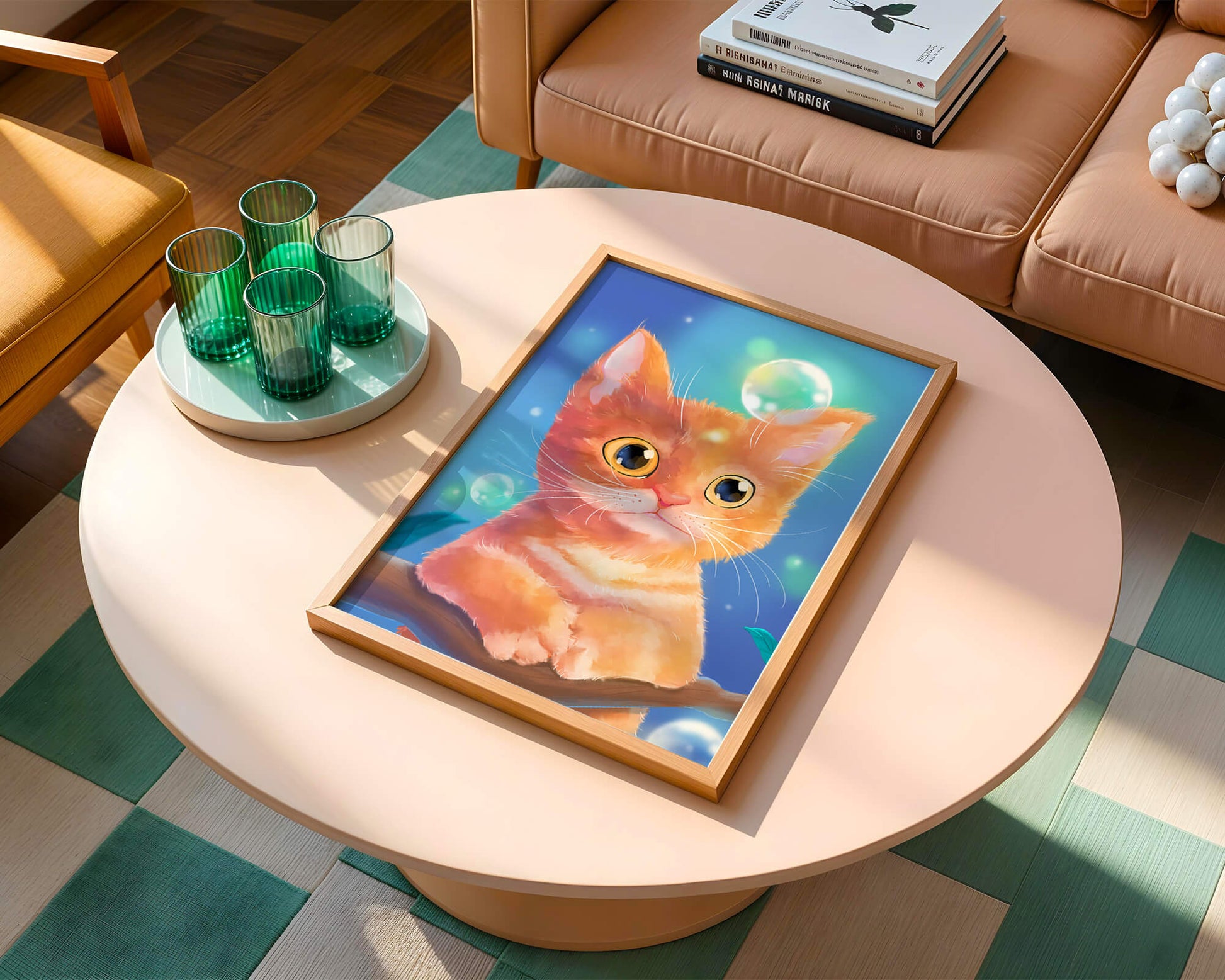 Adorable orange kitten illustration with bubbles and a colorful background