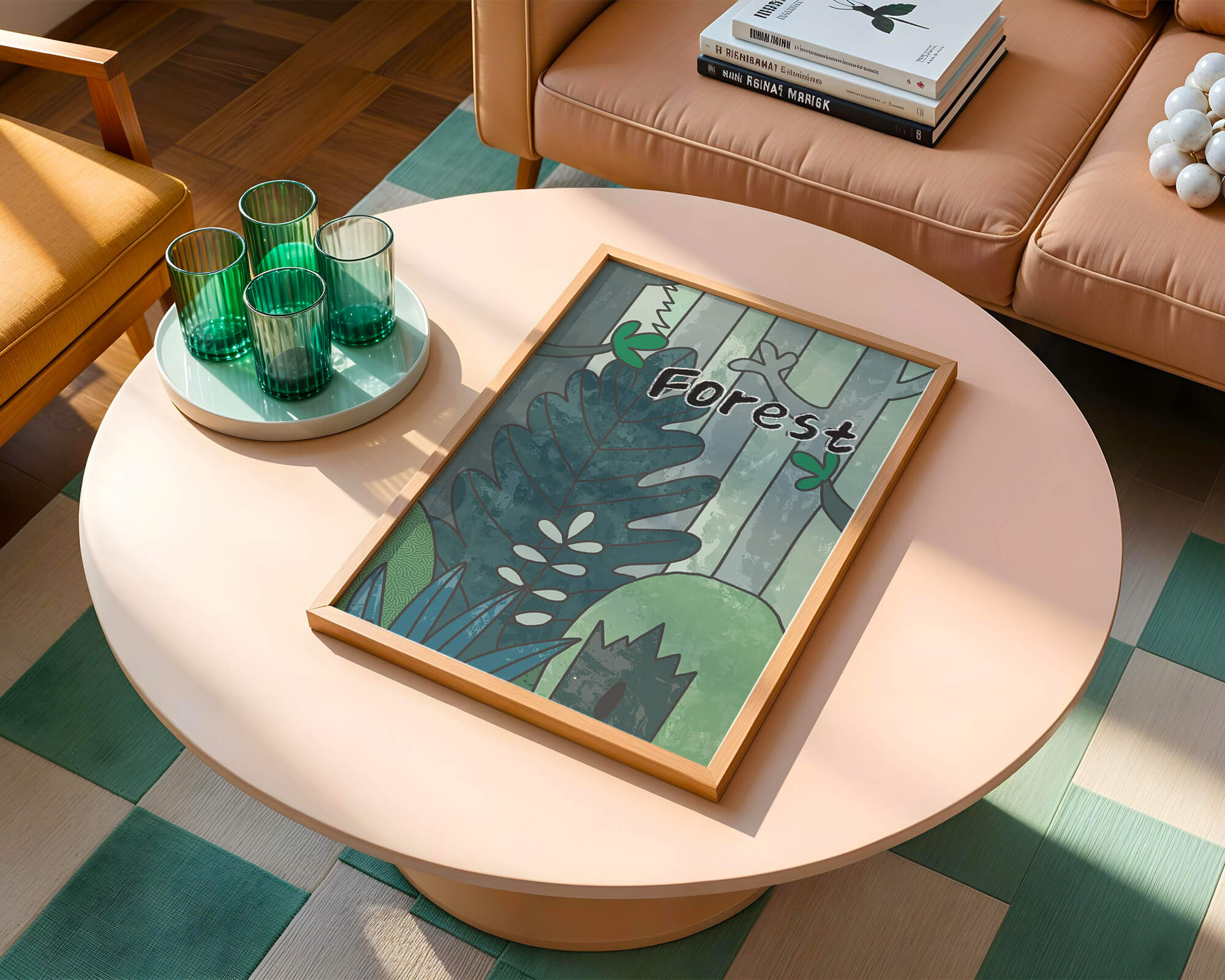 Illustrated forest scene with foliage and text
