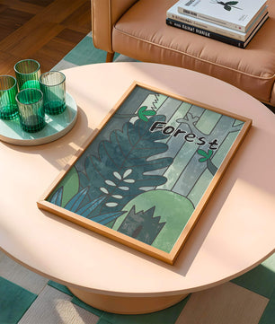 Illustrated forest scene with foliage and text