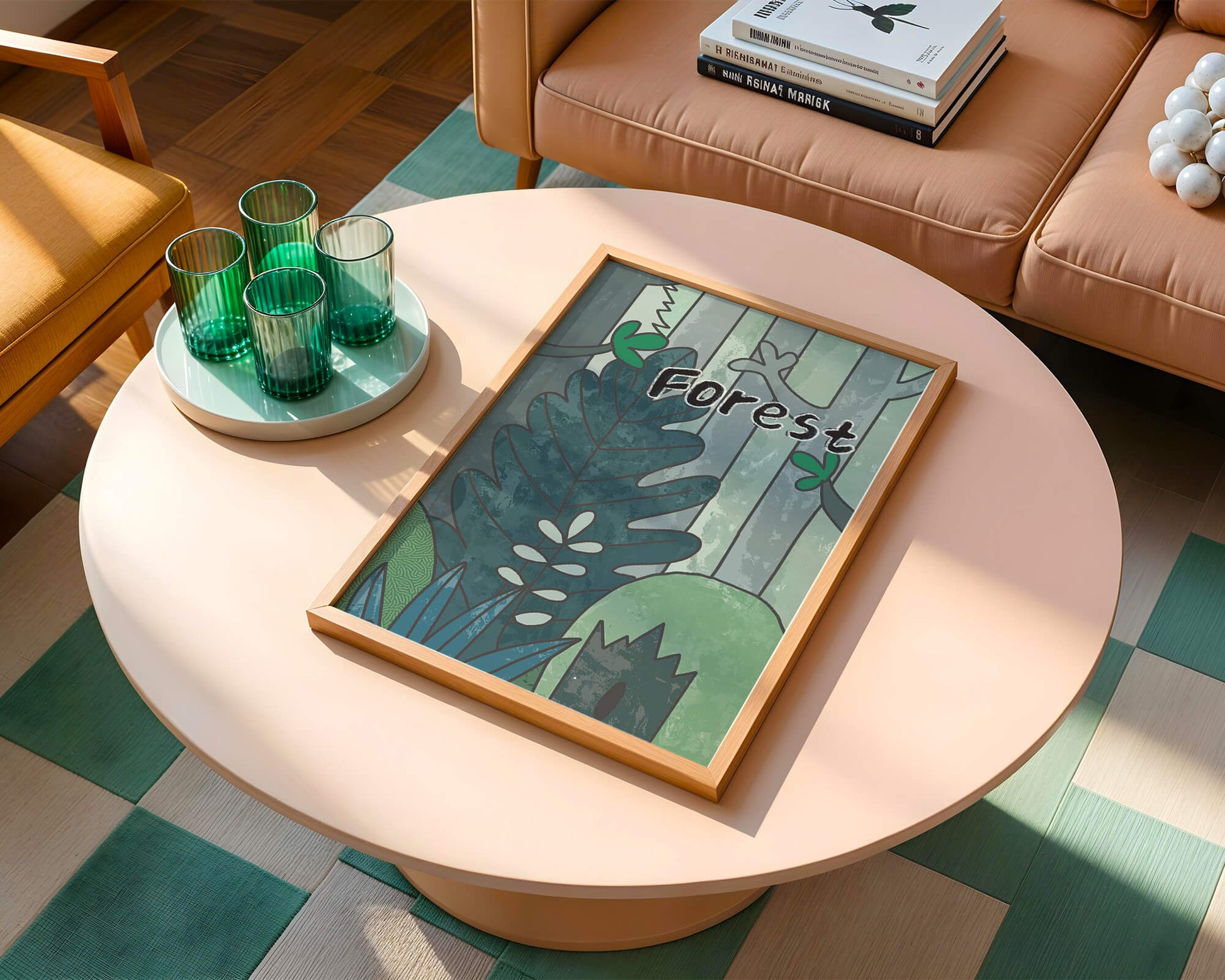 Illustrated forest scene with foliage and text