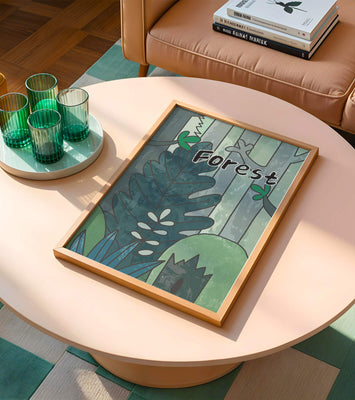 Illustrated forest scene with foliage and text