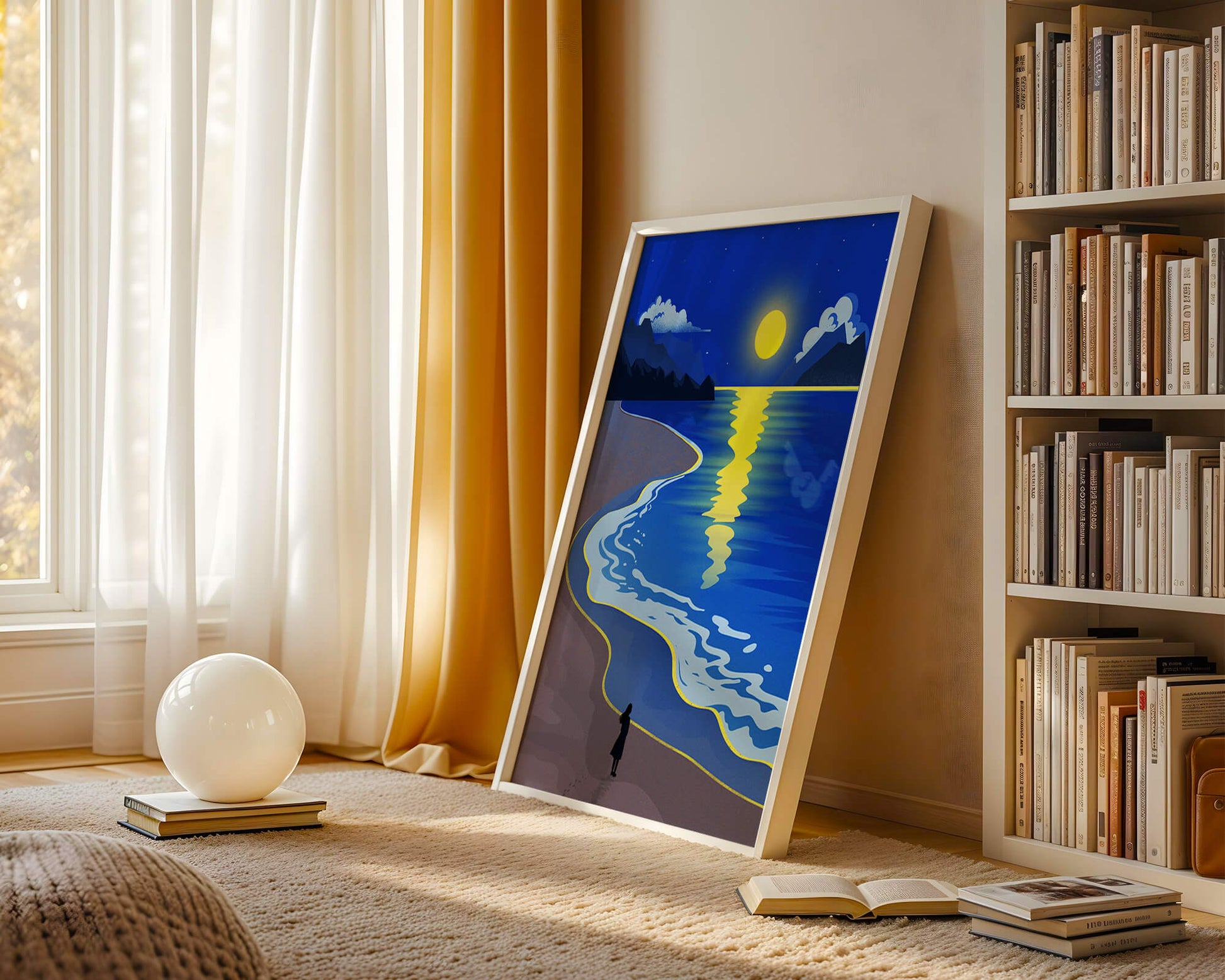Moonlit Beach with Mountains and Reflections Under Night Sky
