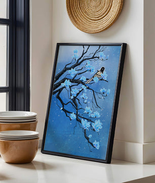 Blue Blossoms on Branch with Bird in Winter Scene