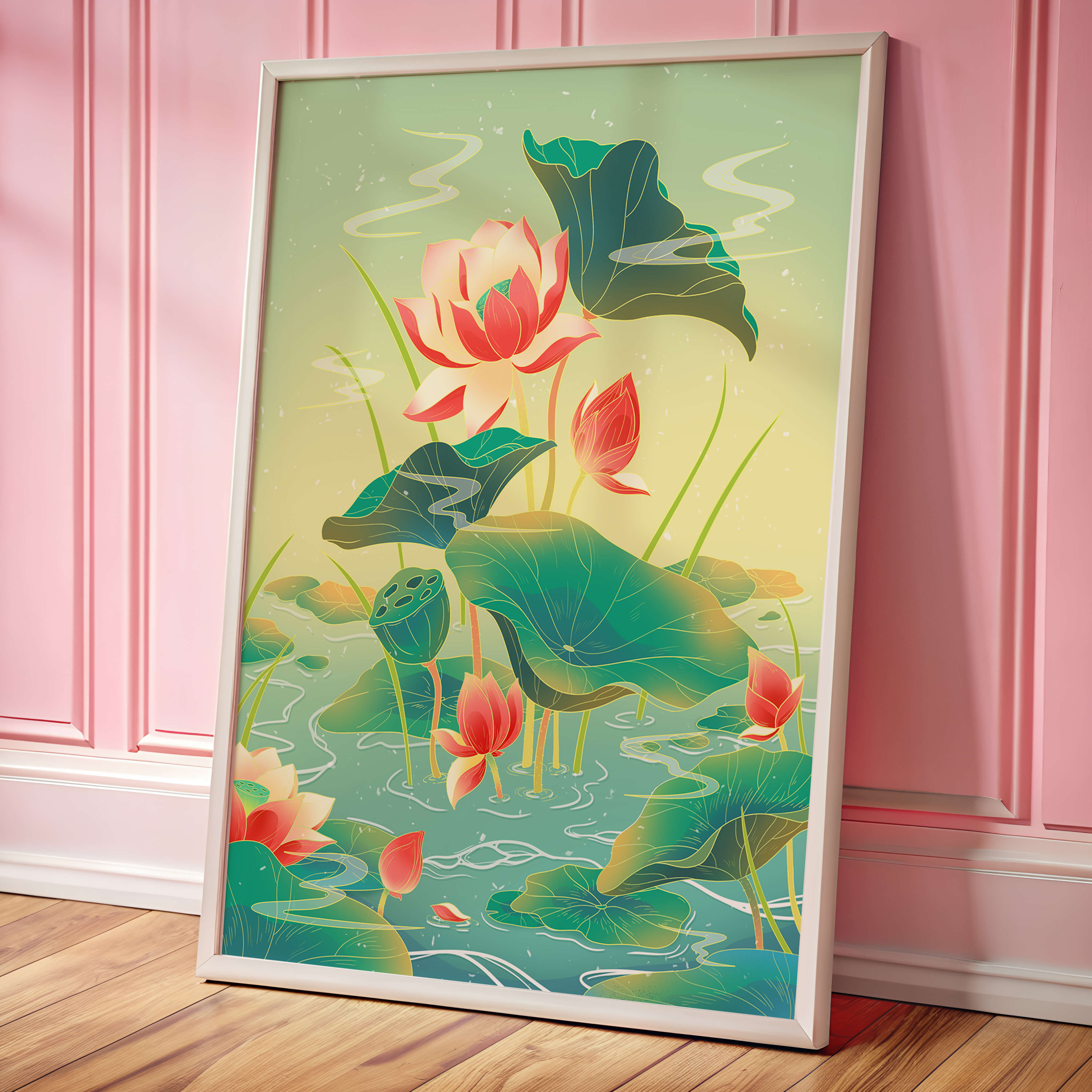 Serene lotus pond with vibrant lilies and lush green leaves