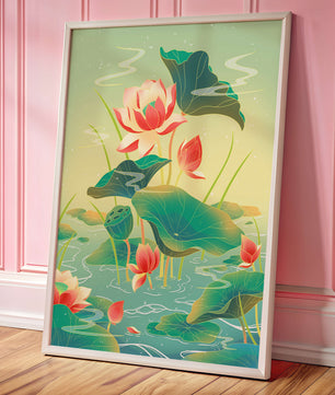 Serene lotus pond with vibrant lilies and lush green leaves