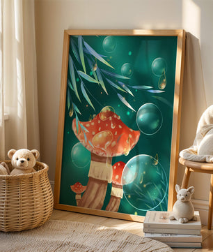 Whimsical forest scene with mushrooms and glowing bubbles