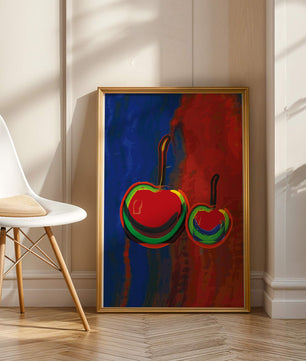 Pintura abstracta de cerezas con colores vibrantes
