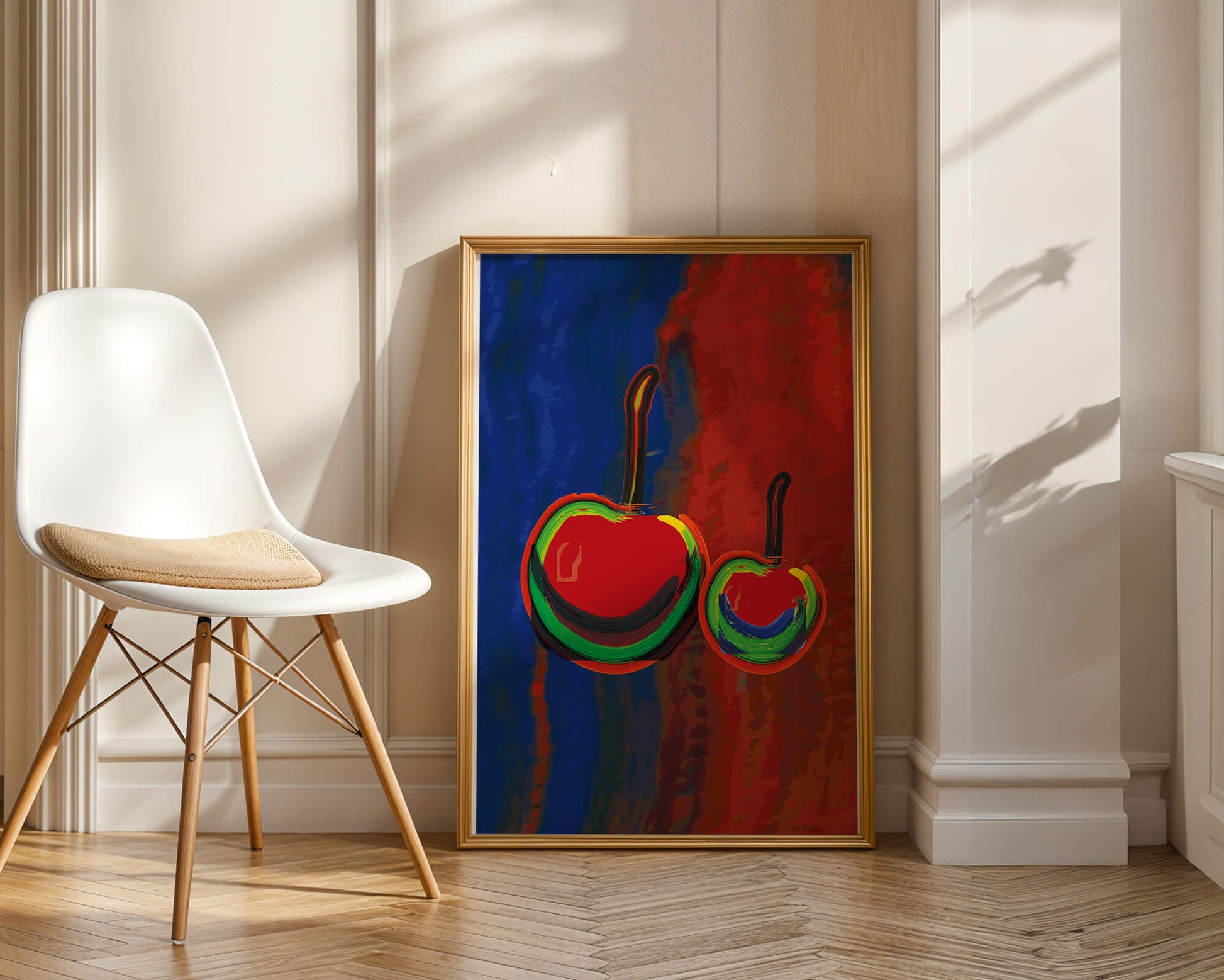 Pintura abstracta de cerezas con colores vibrantes.