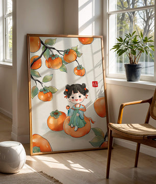 Illustration of a girl sitting on a persimmon surrounded by fruit and leaves