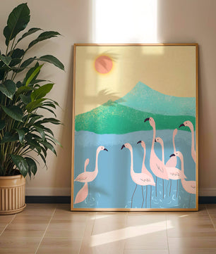 Friedliche Szene mit Flamingos in einer ruhigen Landschaft mit Bergen und Sonnenuntergang