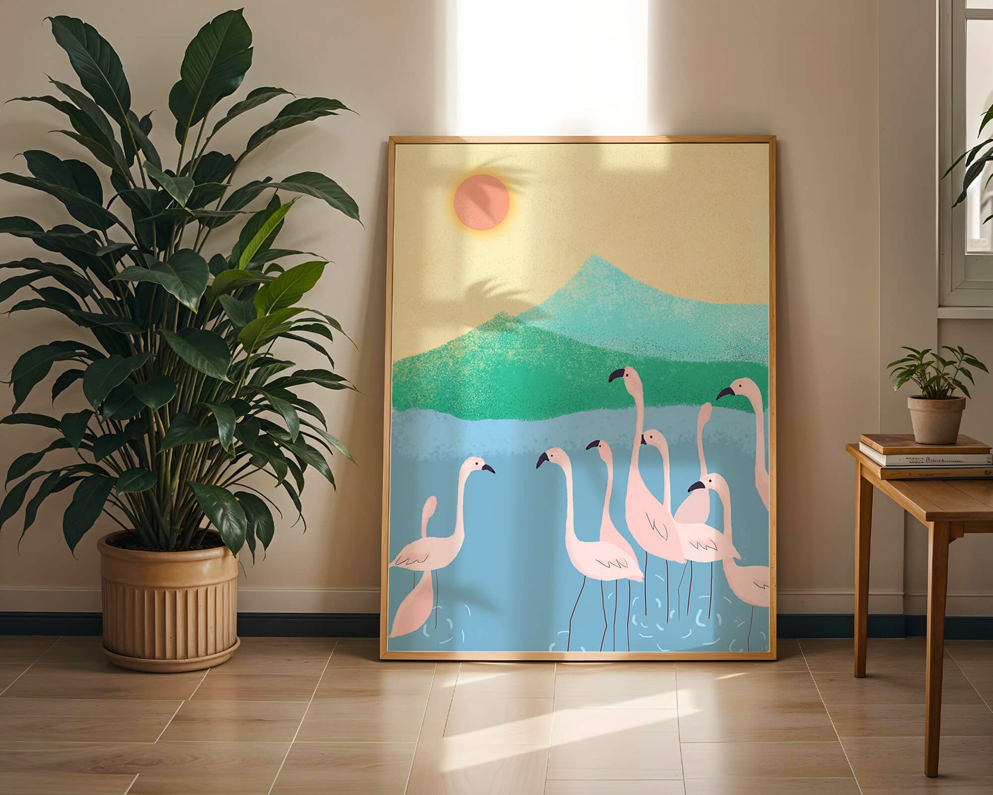 Friedliche Szene mit Flamingos in einer ruhigen Landschaft mit Bergen und Sonnenuntergang