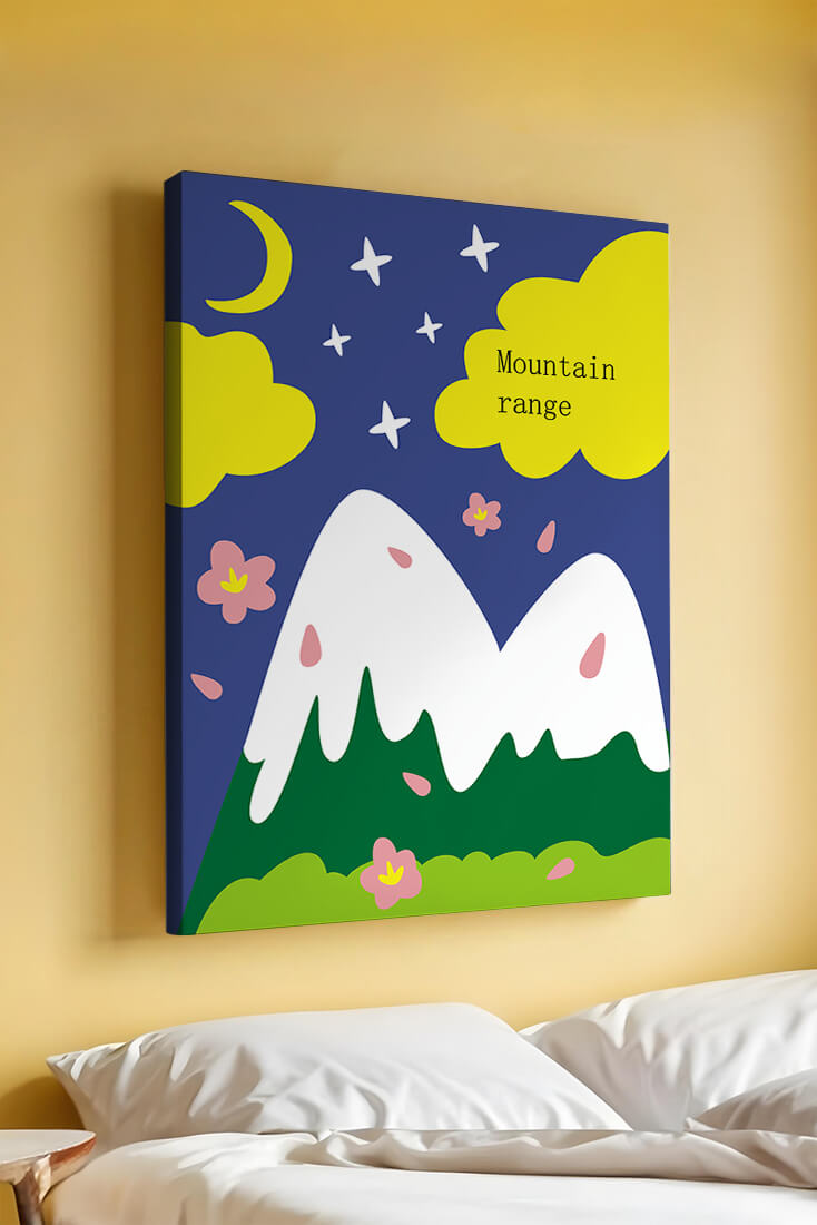 Stylized mountain landscape with starry night background and vibrant clouds