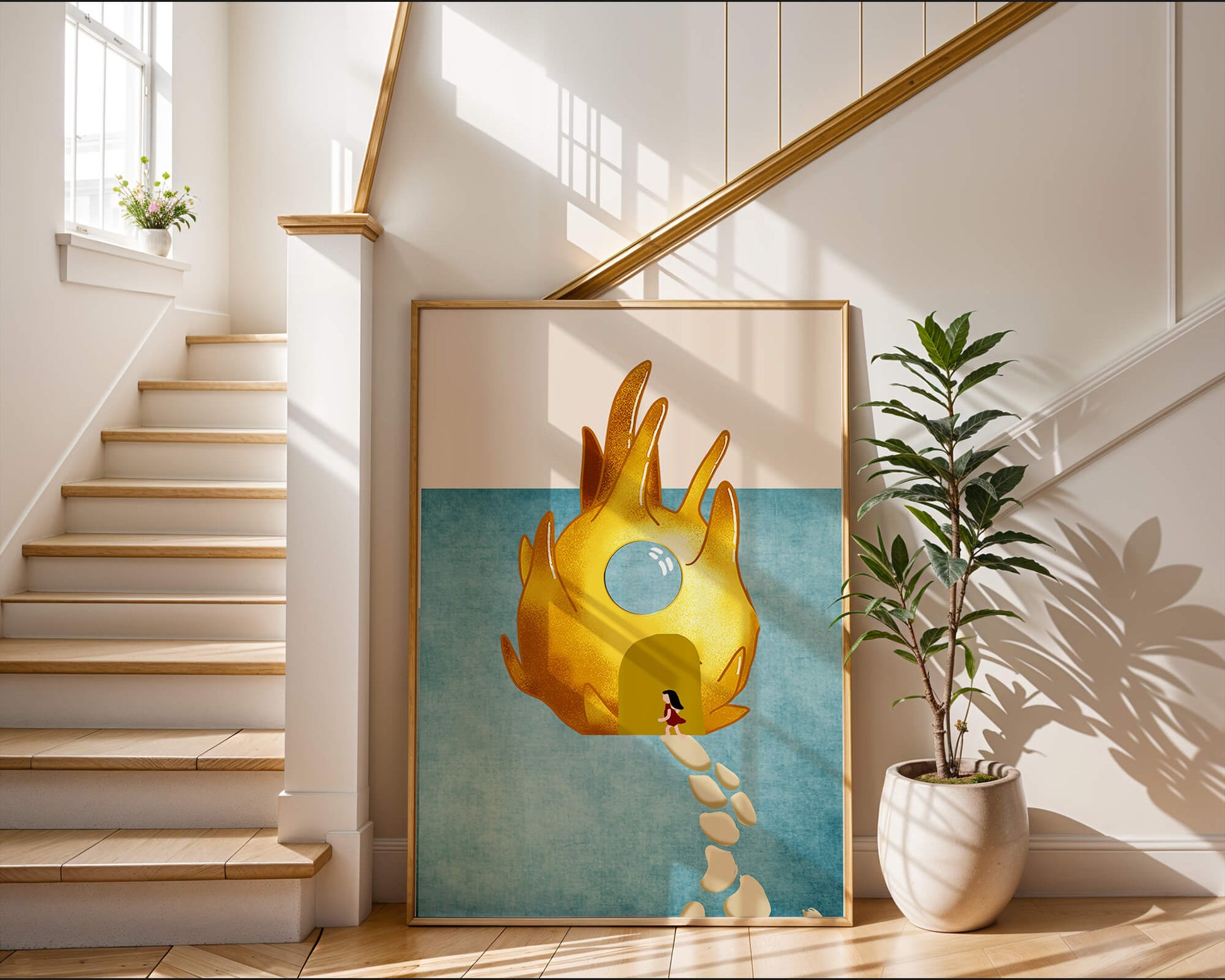 Enchanted House With Golden Flame Shape On Light Blue Background