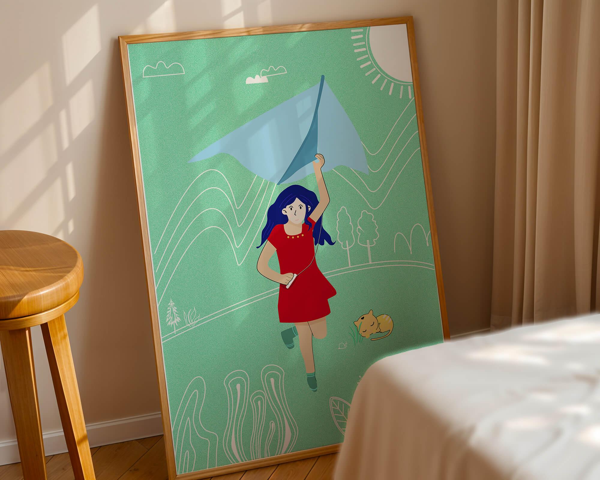Illustration of a girl with a kite in a whimsical landscape
