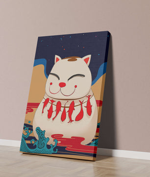 Japanese Lucky Cat with Fish Design in a Surreal Landscape