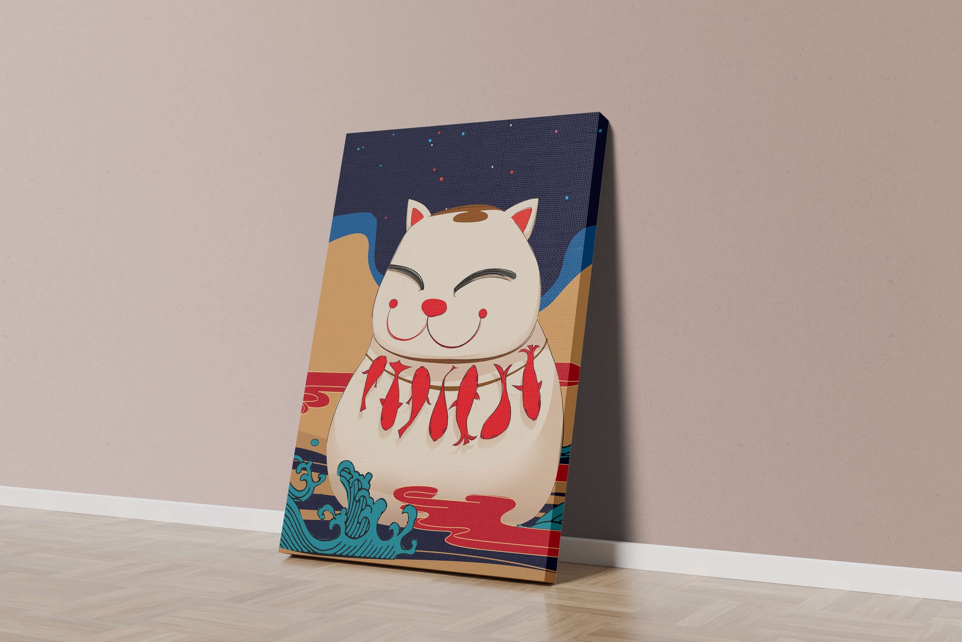 Japanese Lucky Cat with Fish Design in a Surreal Landscape