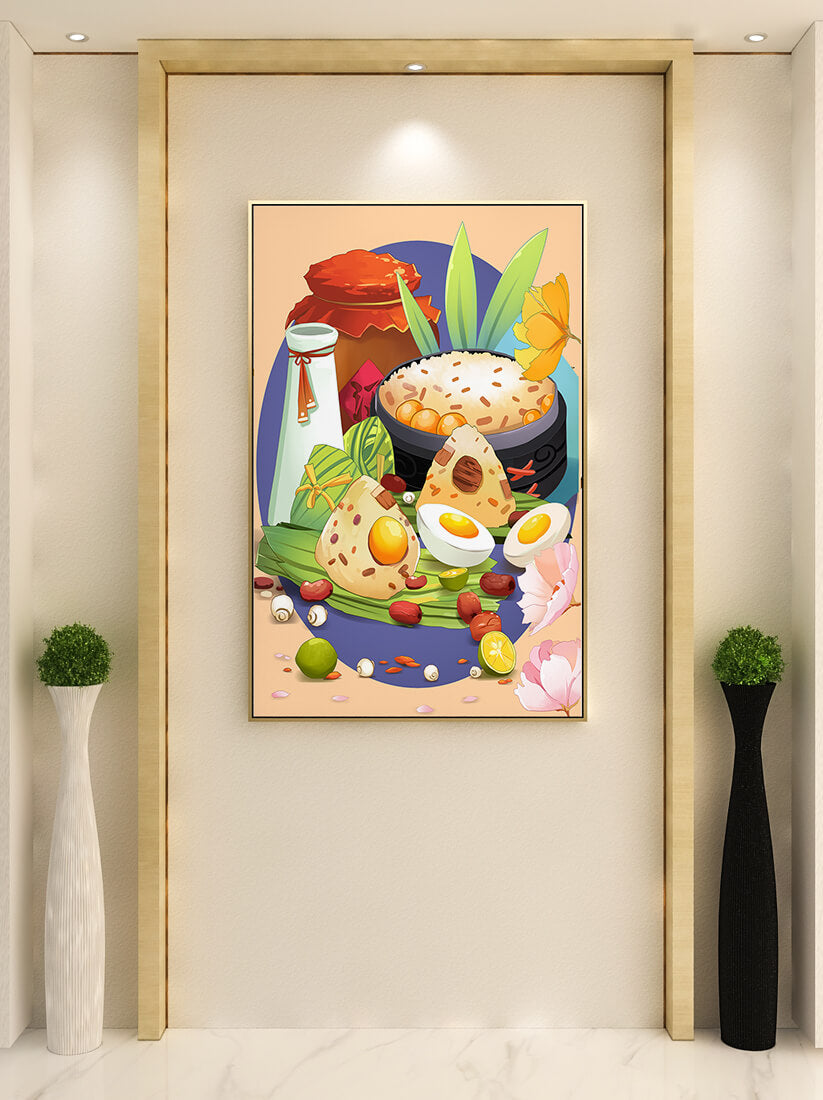 Traditional Asian culinary still life with rice and eggs