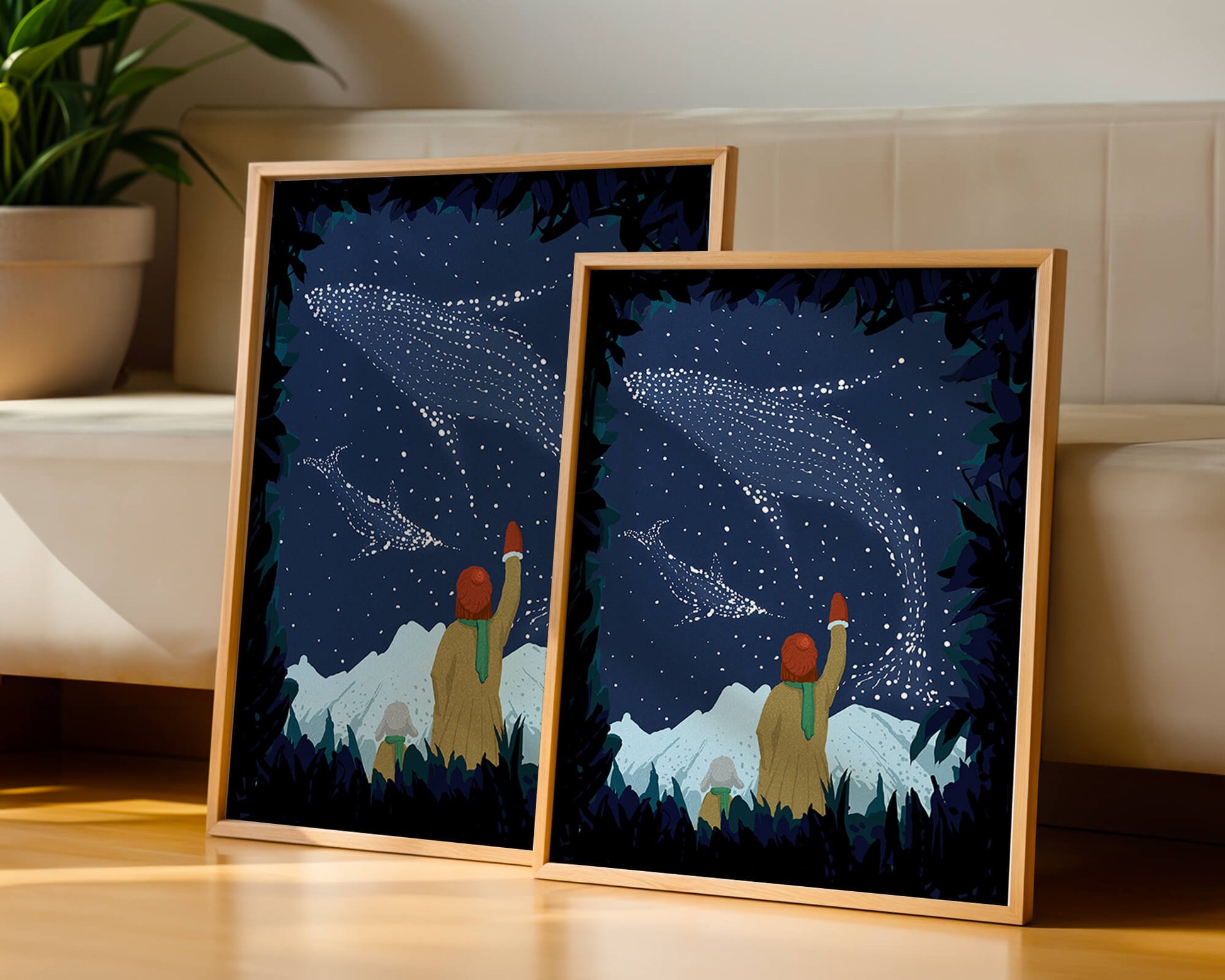 Starry night with whale constellations and mountain scenery
