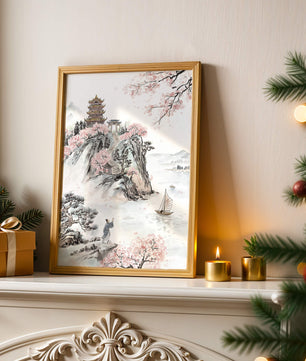 Tranquil Landscape with Cherry Blossoms and Traditional Pagoda