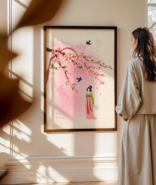 Art chinois traditionnel avec des fleurs de cerisier et une silhouette élégante