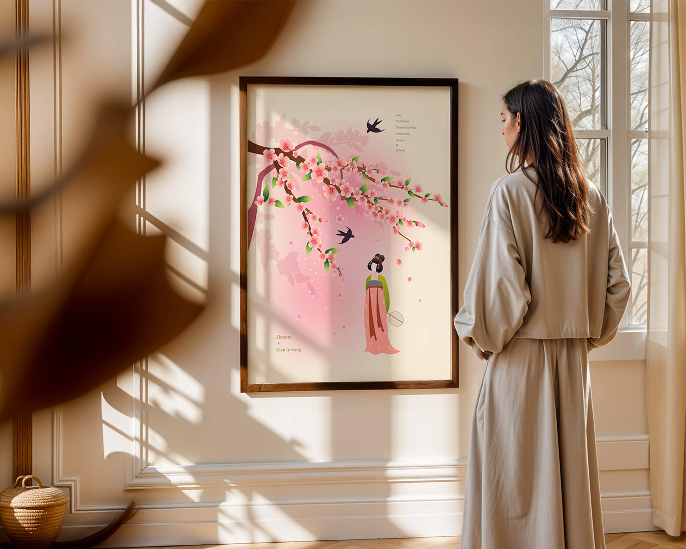 Traditional Chinese art with cherry blossoms and elegant figure