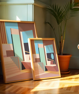 Diseño arquitectónico moderno con elementos geométricos pastel