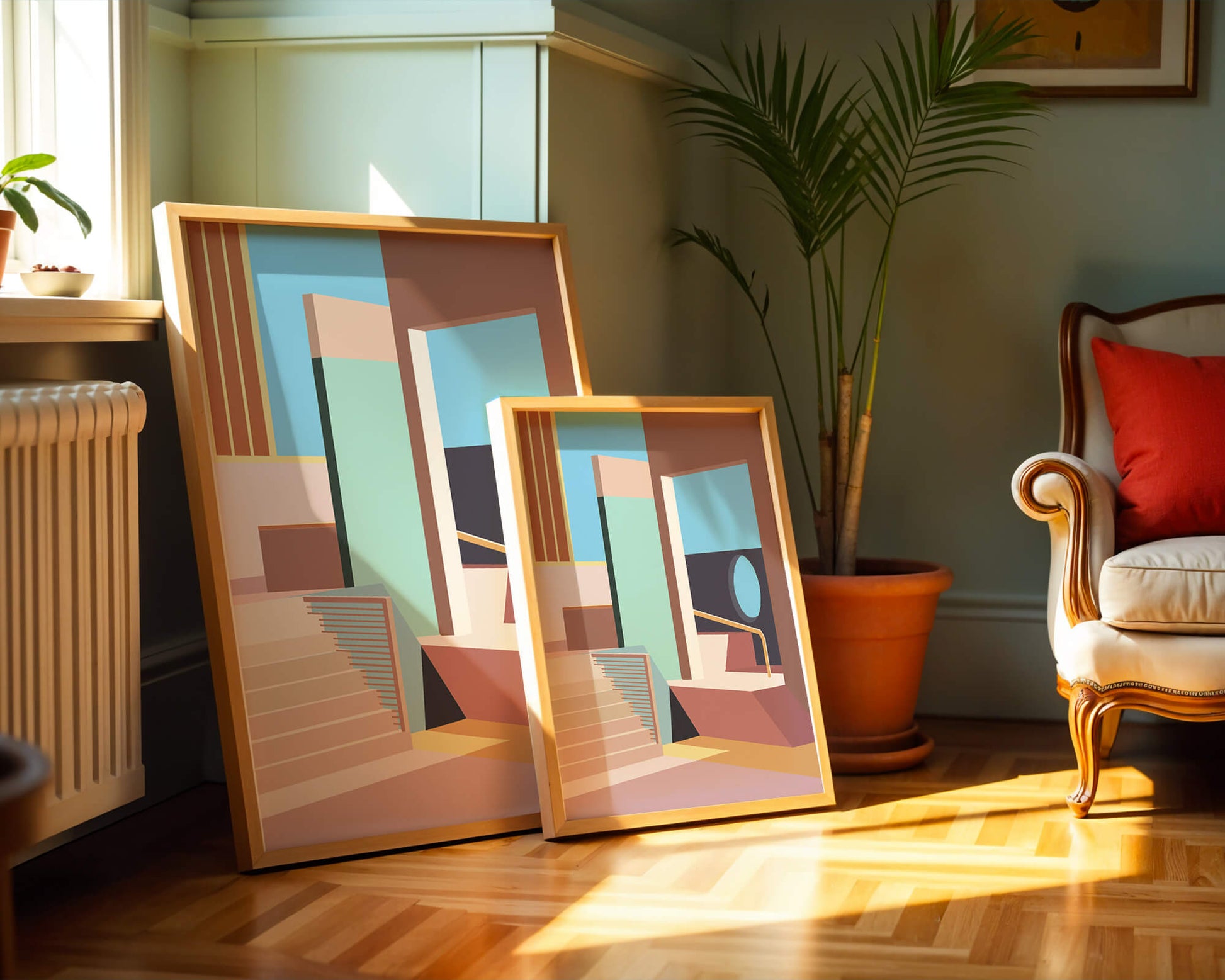 Diseño arquitectónico moderno con elementos geométricos pastel
