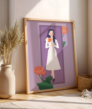 Illustration of a woman holding a flower in a serene pose