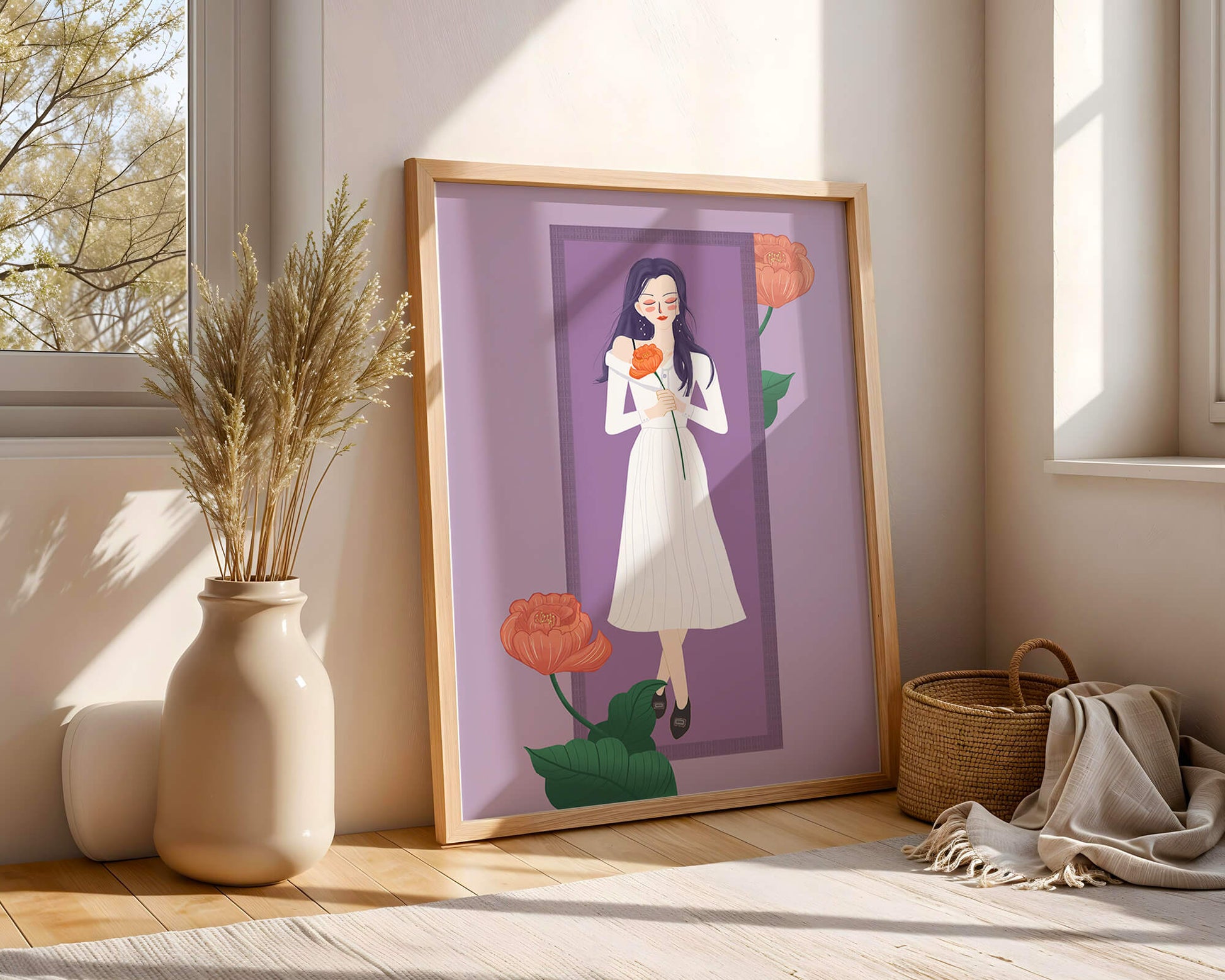 Illustration of a woman holding a flower in a serene pose