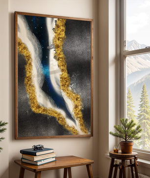 Abstract flowing design with gold, blue, and white textures