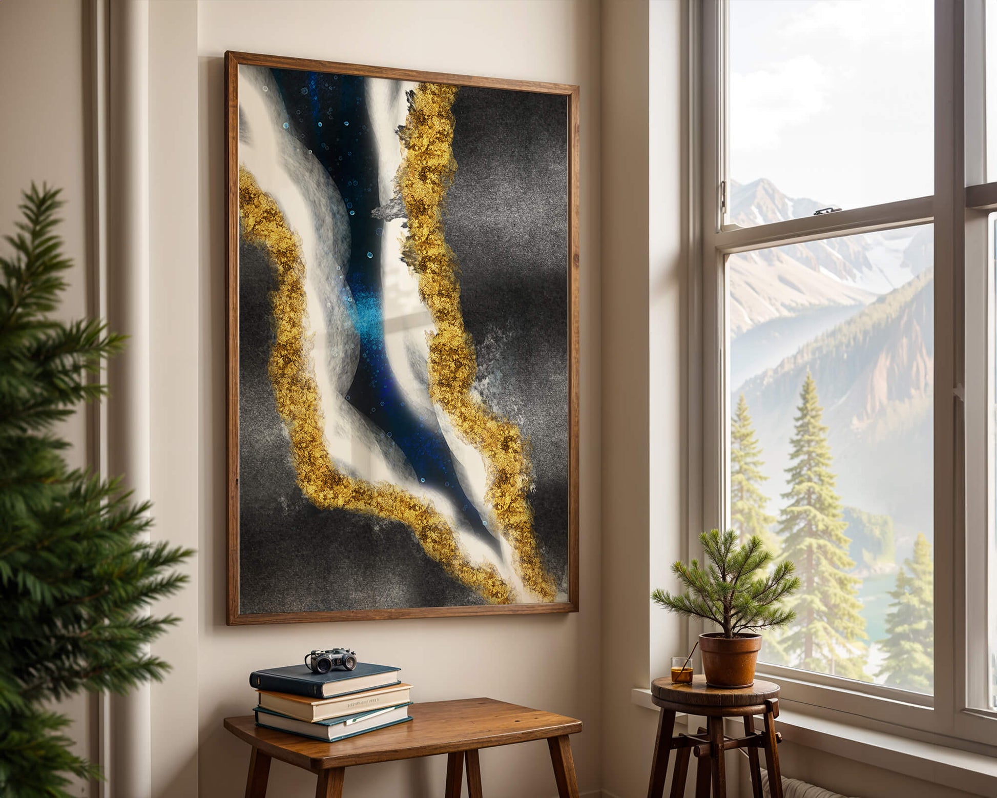 Abstract flowing design with gold, blue, and white textures