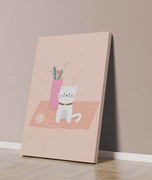 Illustration of a cute white cat with a pink vase and yarn ball on a pastel background