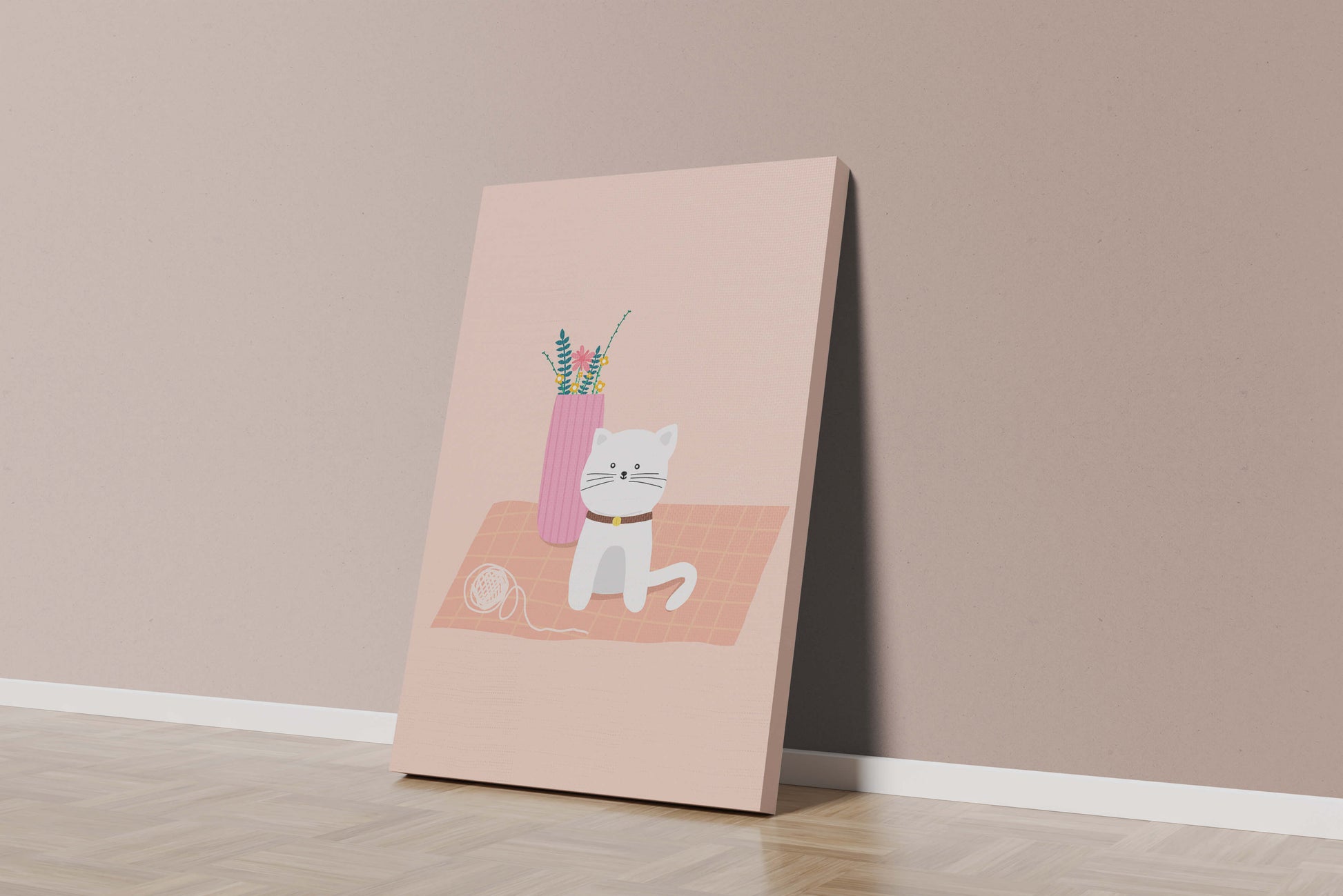 Illustration of a cute white cat with a pink vase and yarn ball on a pastel background