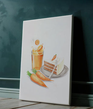 Illustration von Karottenkuchen und Saft mit frischen Karotten