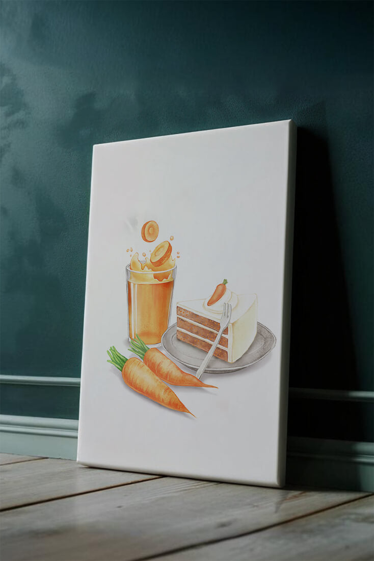 Illustration von Karottenkuchen und Saft mit frischen Karotten