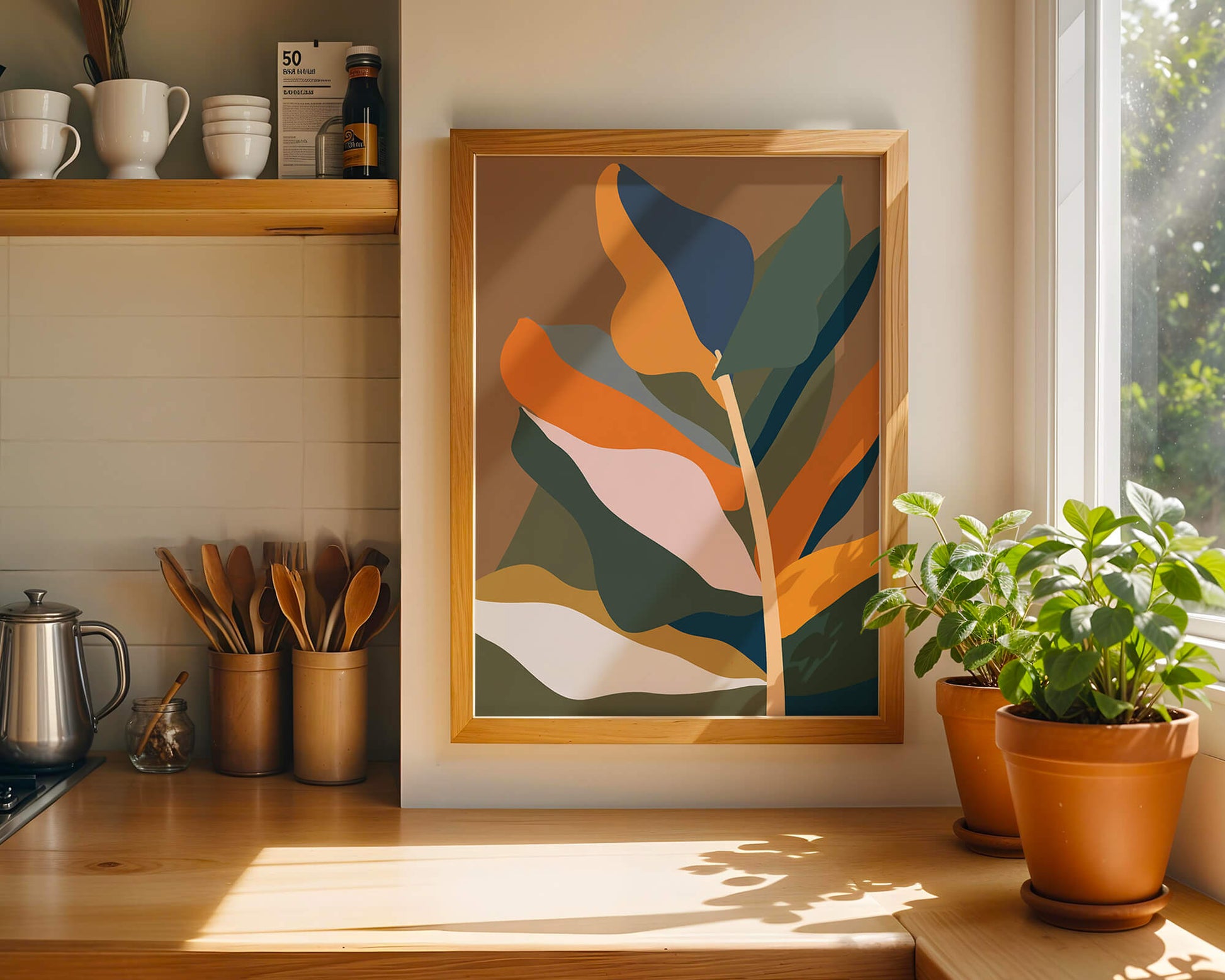 Abstract Botanical Illustration with Earthy Tones and Organic Shapes
