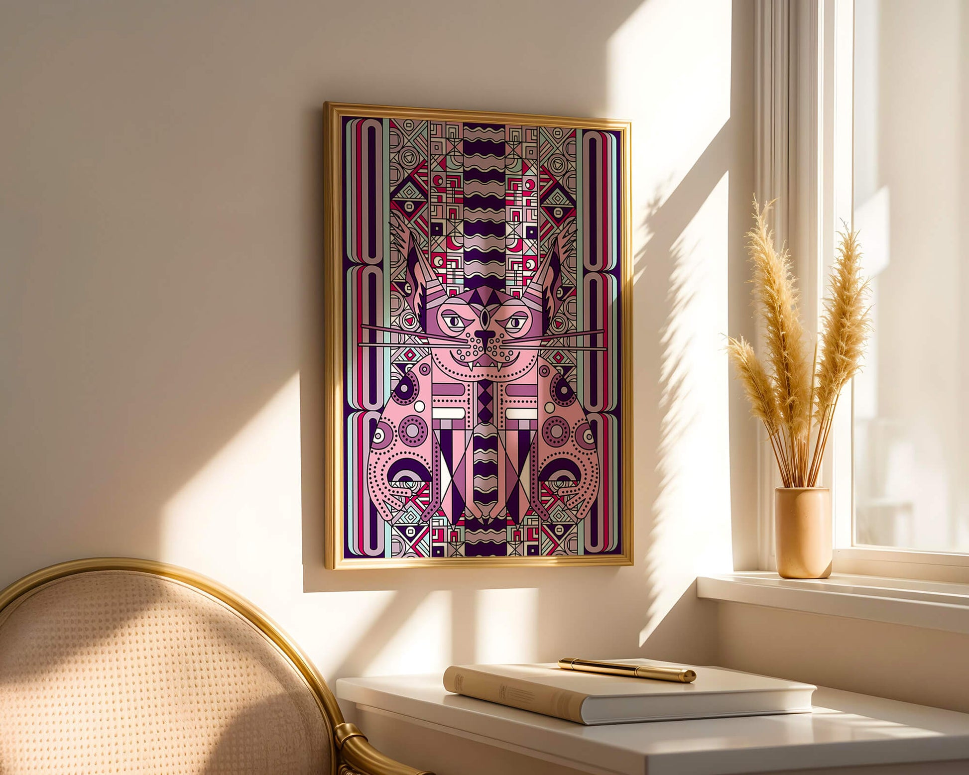 Geometric Art Deco Cat with Intricate Patterns