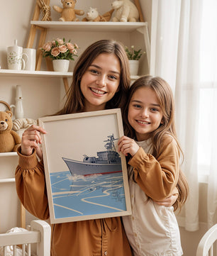 Illustrative depiction of a warship sailing on calm waters