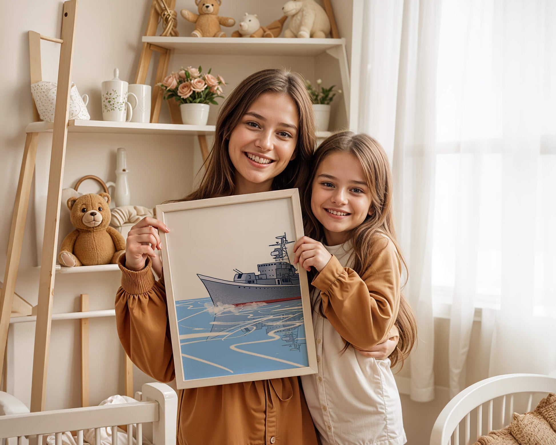 Illustrative depiction of a warship sailing on calm waters