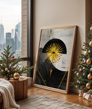 Abstract cosmic design featuring golden sunburst and celestial elements