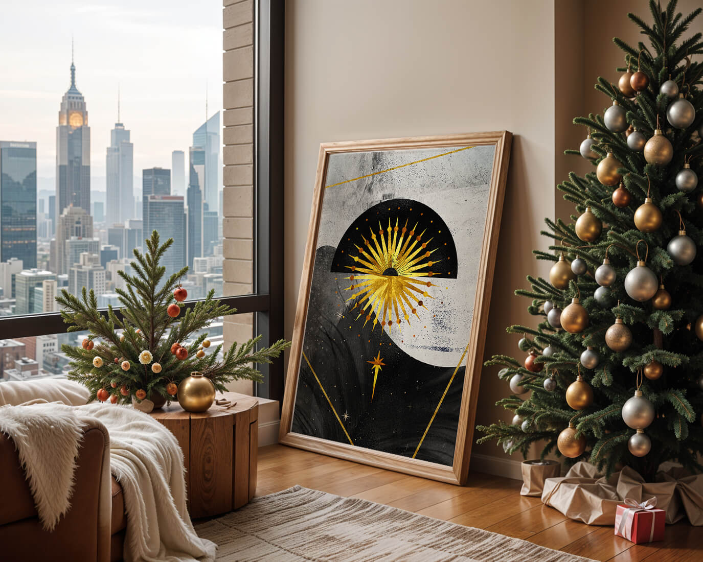 Abstract cosmic design featuring golden sunburst and celestial elements