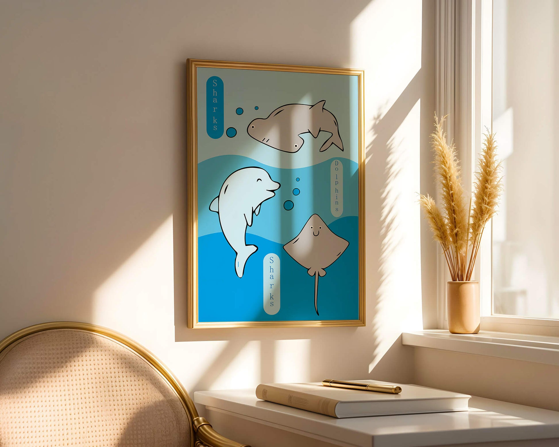 Cartoon sea animals illustration with shark, dolphin, and stingray