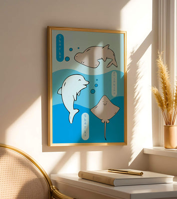 Cartoon sea animals illustration with shark, dolphin, and stingray