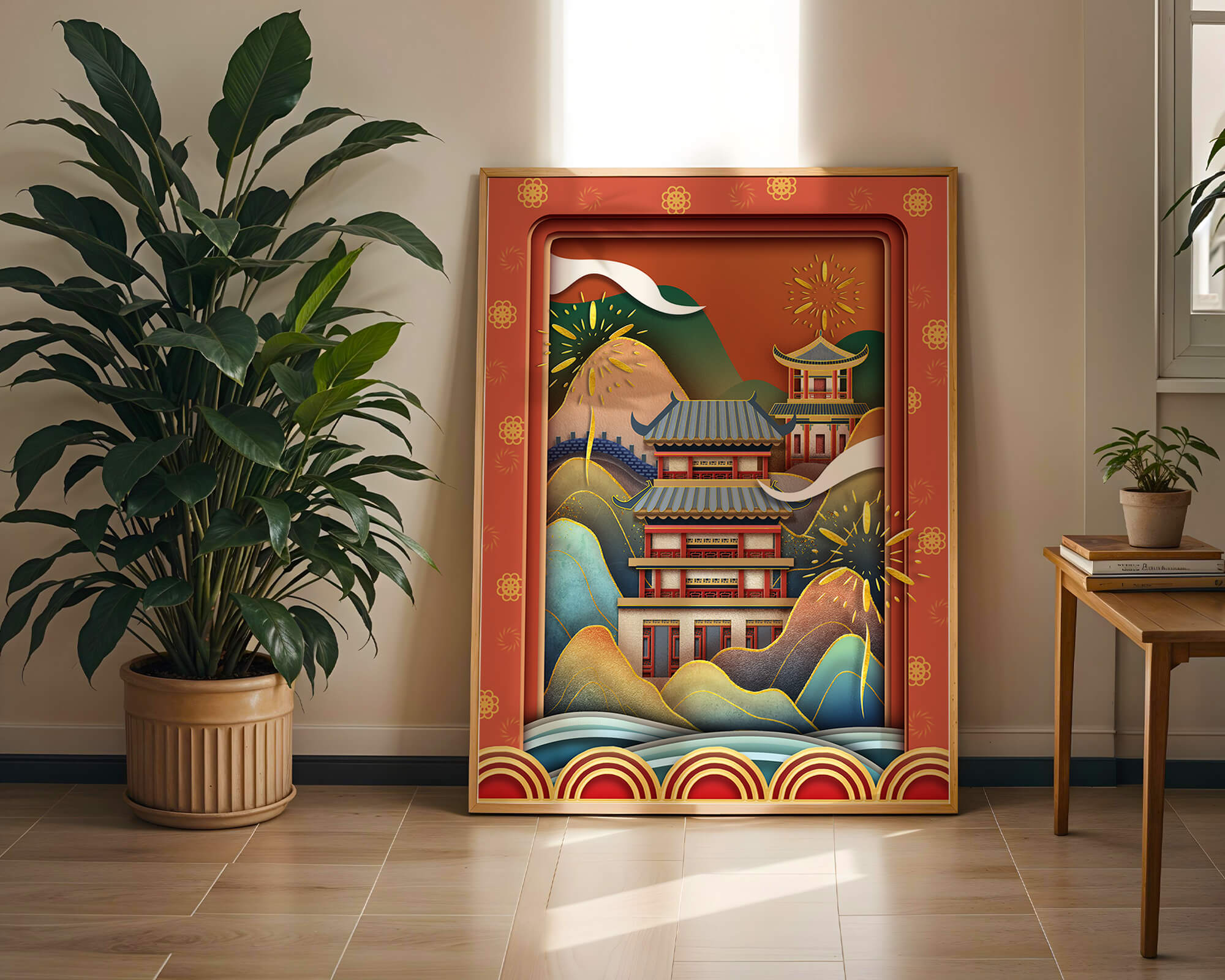 Traditional Asian architecture with fireworks and vibrant mountains