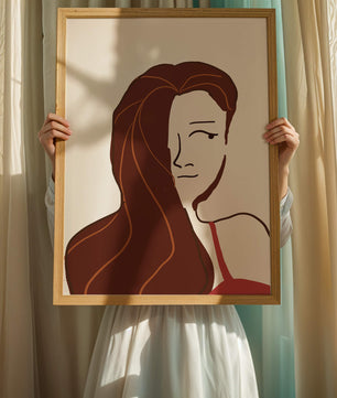 Ilustración estilizada de una mujer con cabello fluyendo y diseño minimalista